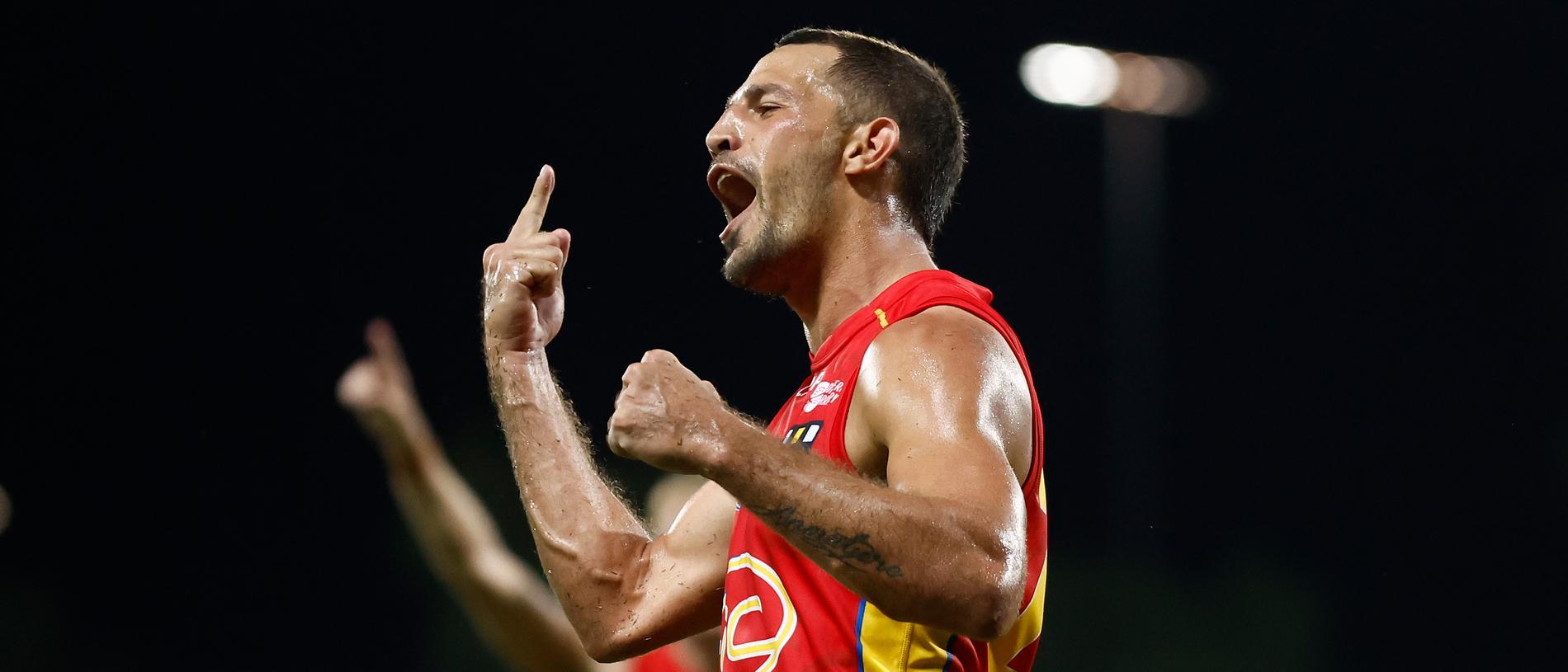 DARWIN, AUSTRALIA - MAY 16: Ben Long of the Suns celebrates a goal during the 2024 AFL Round 10 match between The Gold Coast SUNS and The Geelong Cats at TIO Stadium on May 16, 2024 in Darwin, Australia. (Photo by Michael Willson/AFL Photos via Getty Images)