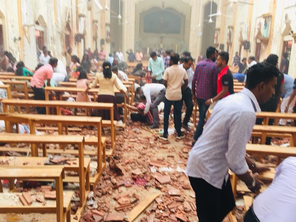 The aftermath of an explosion at St. Sebastian's Church, Columbo, Sri Lanka. Picture: Facebook