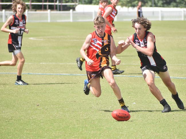 Koben Kulpinski in the North Mackay Saints v Mackay Swarks u14 AFL grand final at Magpies Sporting Club, Mackay, September 11, 2021. Picture: Matthew Forrest