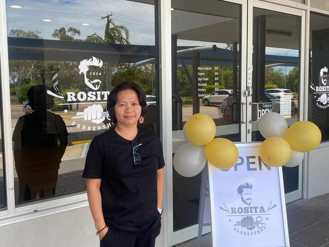 Rosita Barbershop owner Rosita Ballada outside her new business at Crestbrook Plaza. Picture: Supplied.