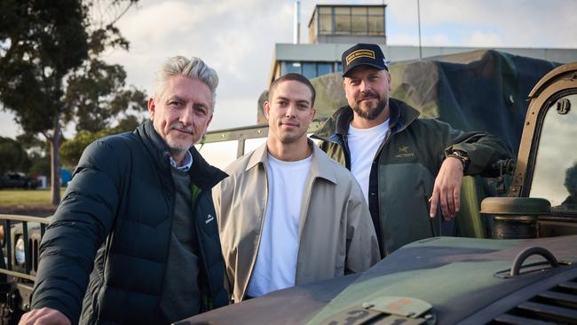 Producer Greg McLean, actor Blake Richardson and director and co-writer Patrick Hughes on the set of War Machine. Picture: Ben King