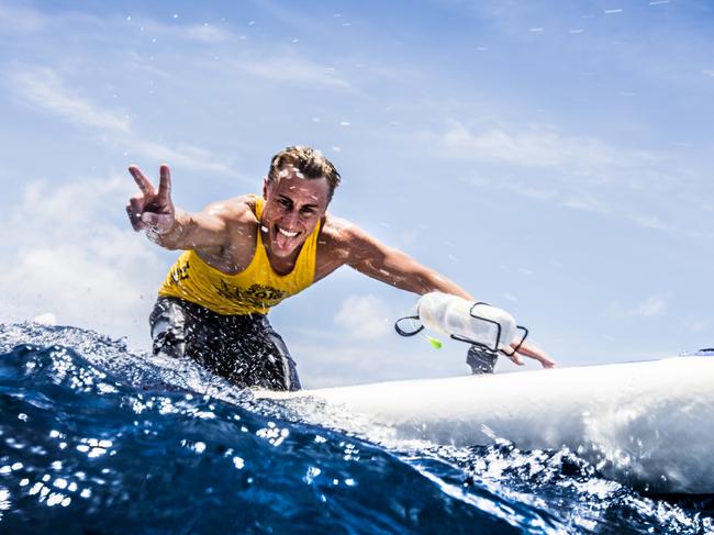 Matt Bevilacqua competing in the Molokai to Oahu paddleboarding in Hawaii. Picture: Supplied