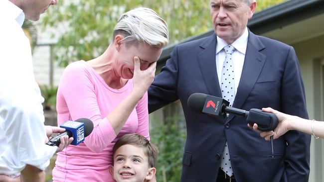 Shannon Manning, in tears, with her six-year-old son Madden and Bill Shorten. Picture: Glenn Hampson.