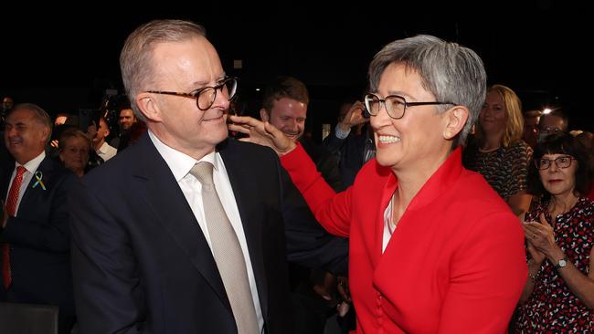 Labor leader Anthony Albanese welcomed by Penny Wong, Labor Party launch at Optus Stadium, Perth WA. Picture: Liam Kidston.