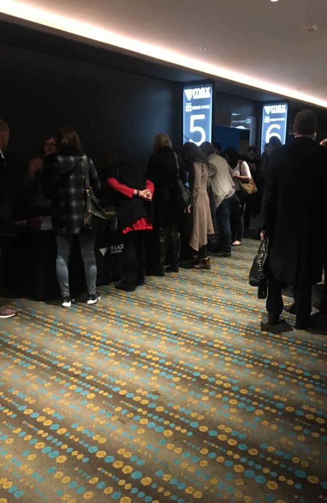 People line up for a screening of Vaxxed: From Cover-Up to Catastrophe at Village Crown. Picture: Mark Stewart