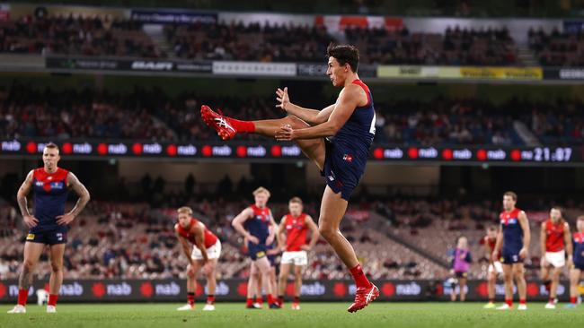 Sam Weideman made it difficult for the Demons to drop him with a career-best four-goal performance against Essendon. Picture: Michael Klein