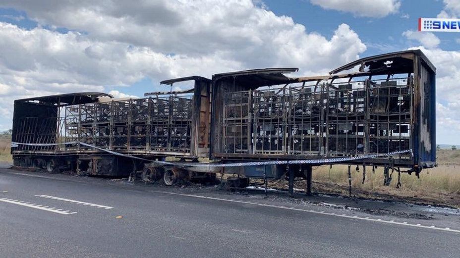 The remains of an Australia Post semi-trailer after it caught alight on Tuesday night. Picture: NINE NEWS