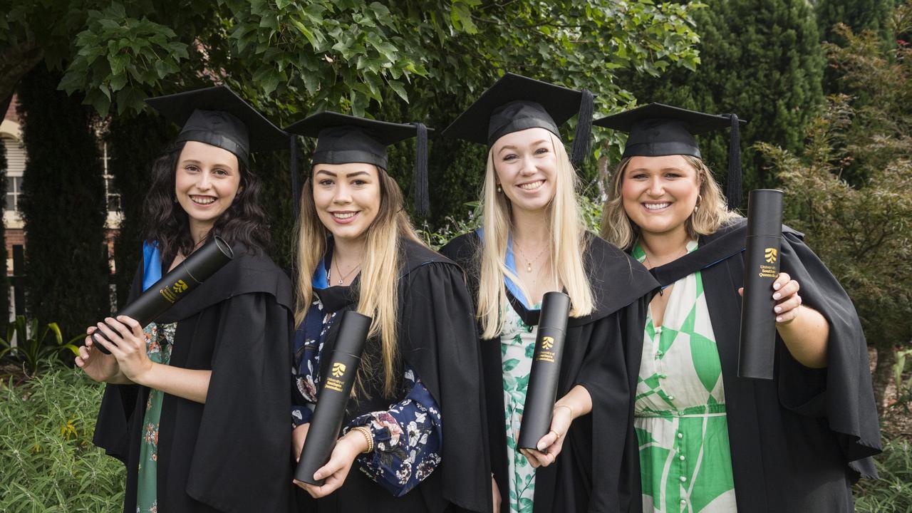 Bachelor of Nursing graduates (from left) Ellyann Acworth, Tylah Fontaine, Madeleine Delaforce and Kali Brumpton at a UniSQ graduation ceremony at Empire Theatres, Wednesday, February 14, 2024. Picture: Kevin Farmer