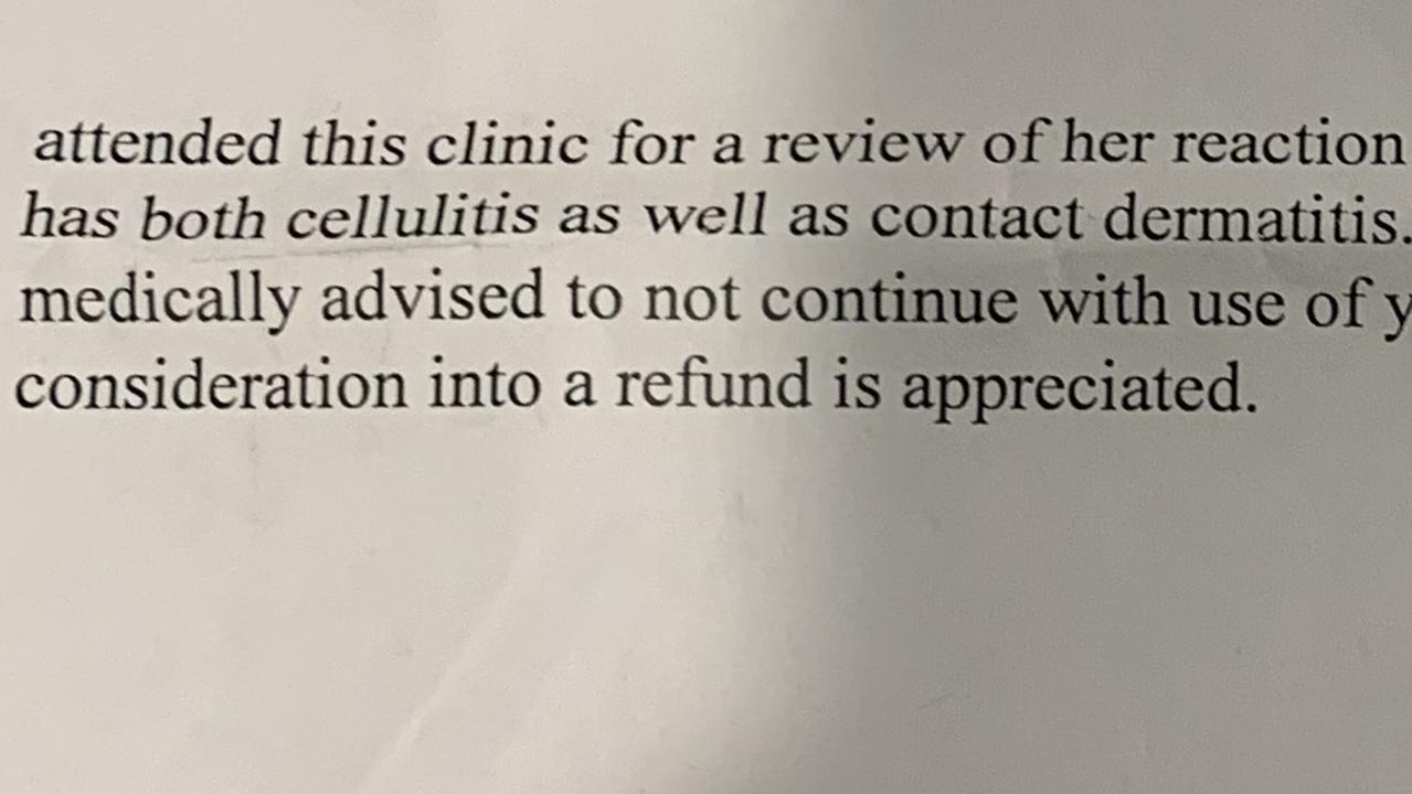 The medical certificate described Sarah's skin is swollen, red and warm to touch. Picture: Supplied