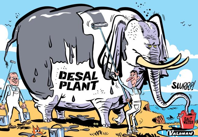 Premier Steven Marshall and Prime Minister Scott Morrison fire up the “white elephant” desal plant. Cartoon: Jos Valdman