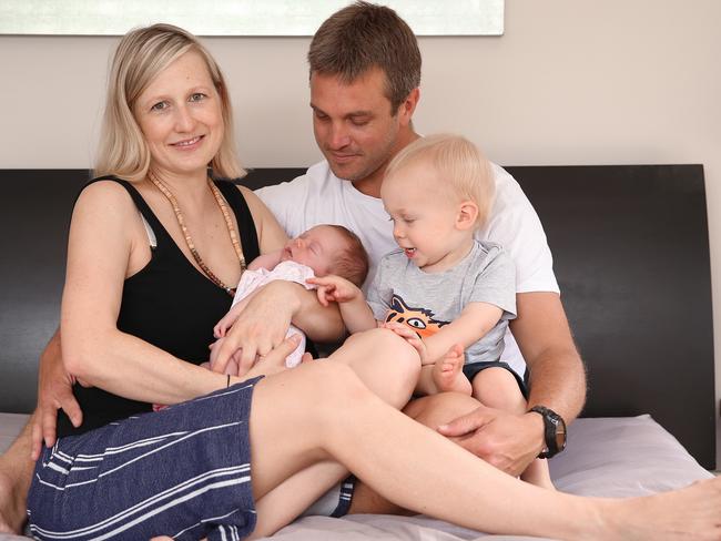 The couple with baby Ivy and older son Hunter at their Allambie Heights home, where Ivy was born. Picture: Sam Ruttyn