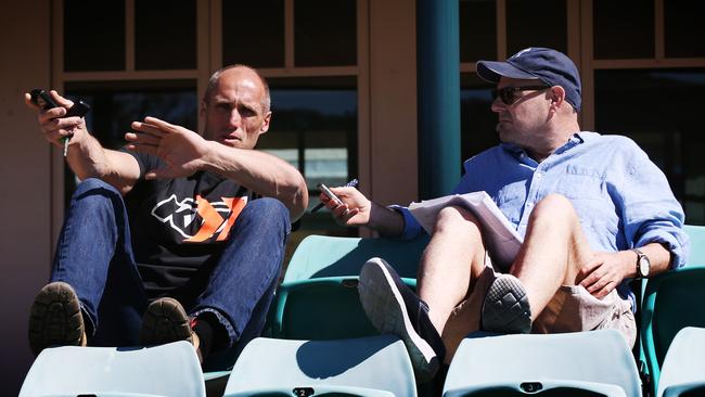 The big names talk to our journalists. Herald Sun chief footy writer Mark Robinson interviews AFL great Tony Lockett. Picture: Michael Klein