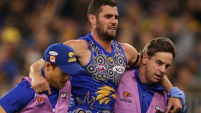 Jack Darling had to be helped from the field by Eagles medical staff. Picture: Getty