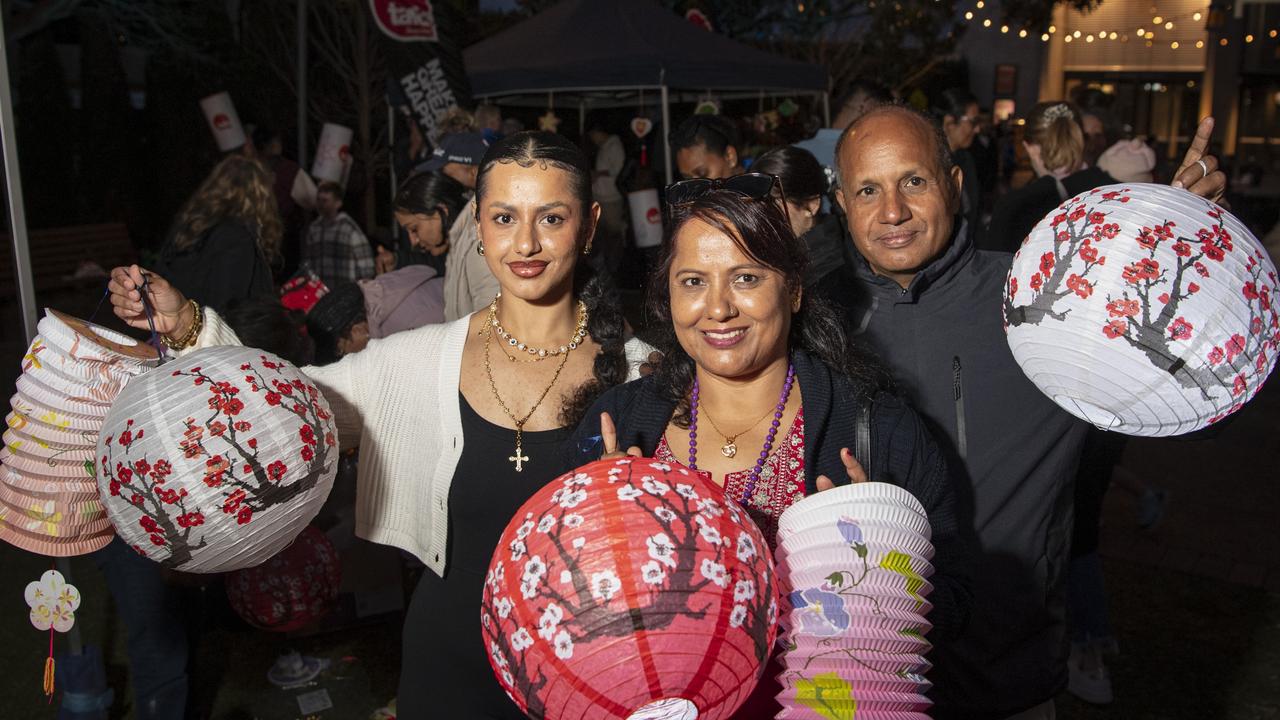 Simran Dahal with her parents visiting from Nepal Tara and Bhupati Dahal are ready for the lantern parade at Luminous in the Regions hosted by Multicultural Australia at The Empire precinct, Saturday, August 10, 2024. Picture: Kevin Farmer