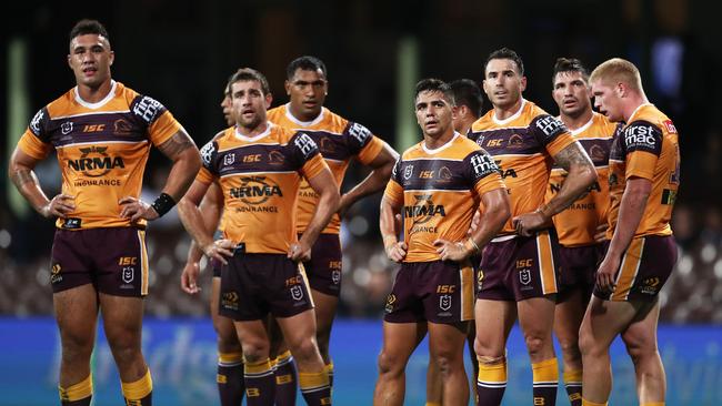 Broncos players look dejected after the try to Mitchell Aubusson. Picture: Matt King/Getty Images