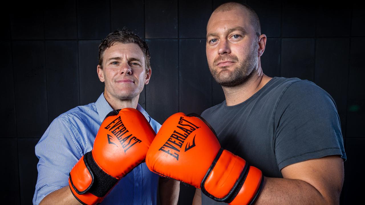 No Limit Boxing fight promotion at Rod Laver Arena. Former AFL footballers Cam Mooney and Tom Bellchambers ahead of their fight. Picture: Jake Nowakowski