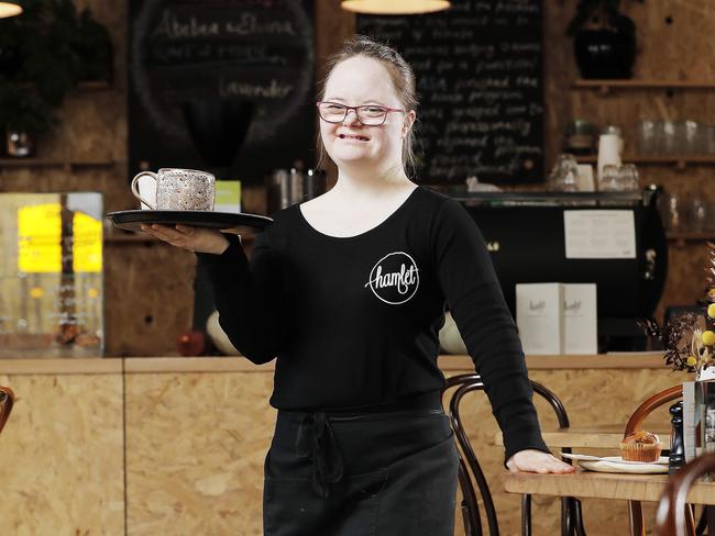 Waitress-in-training Alex Morris-Bagueley has been working at the Hamlet Cafe for about 30 months. Picture: ZAK SIMMONDS