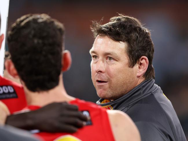 ADELAIDE, AUSTRALIA - JULY 08: Stuart Dew, Senior Coach of the Suns during the 2023 AFL Round 17 match between the Port Adelaide Power and the Gold Coast Suns at Adelaide Oval on July 8, 2023 in Adelaide, Australia. (Photo by Sarah Reed/AFL Photos via Getty Images)