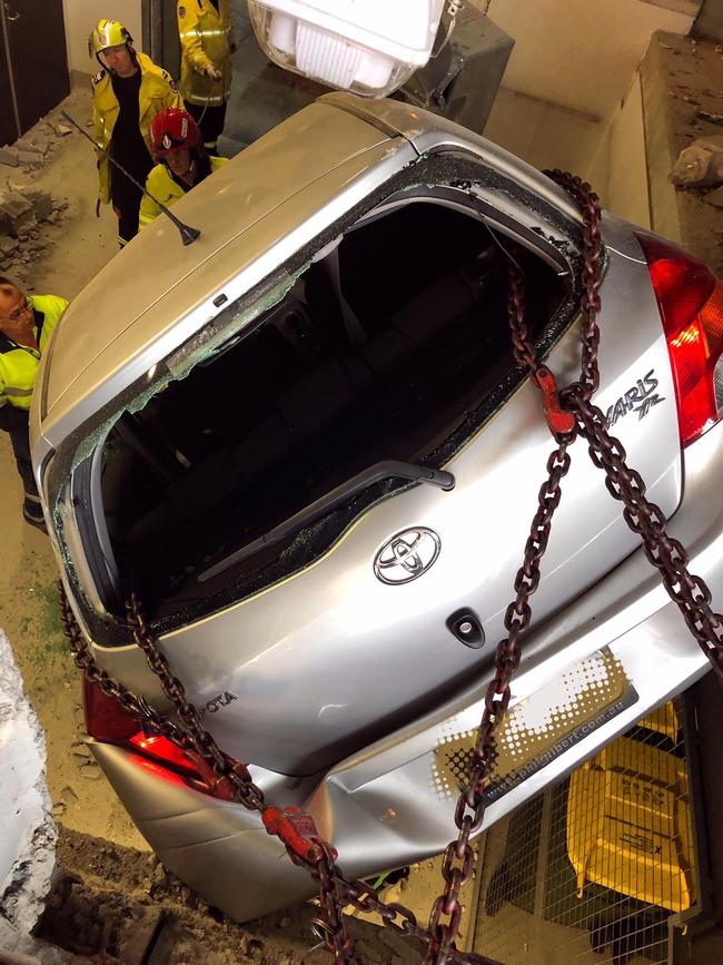 A driver has miraculously been left unscathed after smashing head-on into a wall at a supermarket car park in Sydney’s northwest earlier this morning. Picture: NSW Police/Traffic and Highway Patrol Command