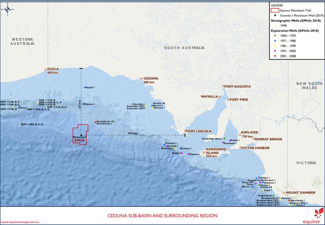 A map showing the EPP 39 licence area and 13 other wells that have been drilled in the Great Australian Bight.