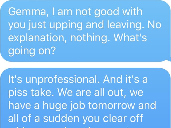 Text messages between Roxy Jacenko and former Sweaty Betty PR employee Gemma Oldfield.