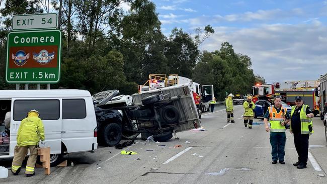 The aftermath of the multi-vehicle crash on the M1 at Coomera. Picture: QAS