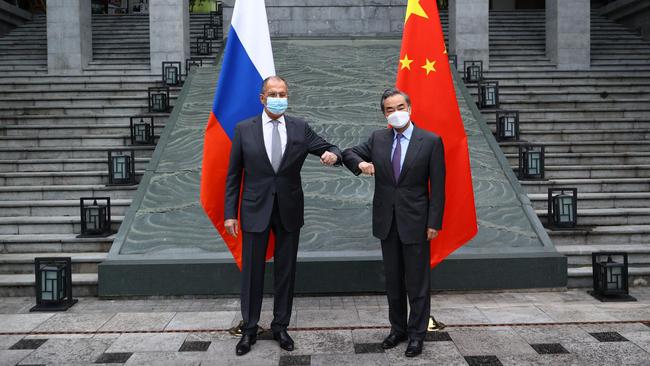 Russian Foreign Minister Sergei Lavrov with Chinese Foreign Minister Wang Yi in Guilin. Picture: AFP