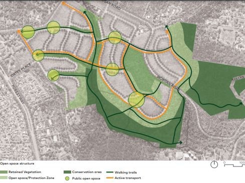 An indicative map of the proposed 'Lizard Rock' development at Belrose on 71ha of land owned by the Metropolitan Local Aboriginal Land Council. The image, showing 'open space structure', is part of documents lodged with the NSW Planning Department. Picture: Cox Architecture