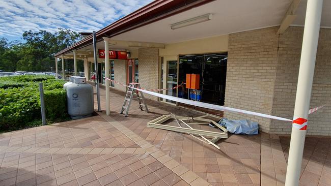 Damage from the overnight raid was clearly visible at the Drakes supermarket in Ormeau this morning.