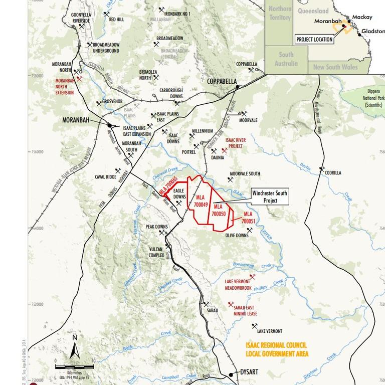 The location of Whitehaven WSâ&#128;&#153;s new Winchester South open cut coal mine in the Bowen Basin within the Isaac region. Picture: Winchester South project revised draft EIS – Attachment 13 – Air quality and greenhouse gas