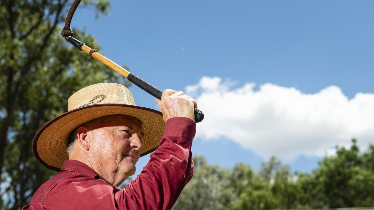 Geoff Cook travelled from Ipswich to show patrons at the Back to the Woolshed day his array of whips and perform some whip cracking at Jondaryan Woolshed, Saturday, January 28, 2023. Picture: Kevin Farmer