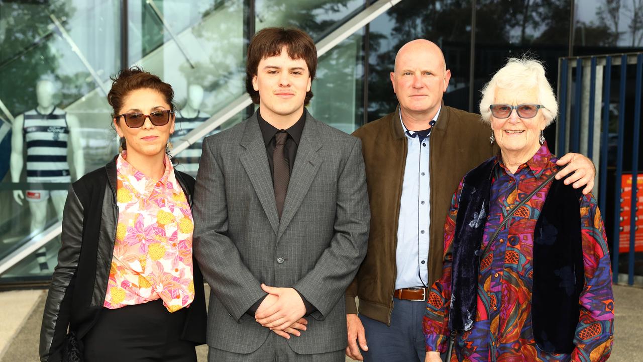 Graduate Andres King with parents Mariela, Oliver and grand mother Sarah King at the Belmont High School year 12 graduation at GMHBA Stadium. Picture: Alison Wynd