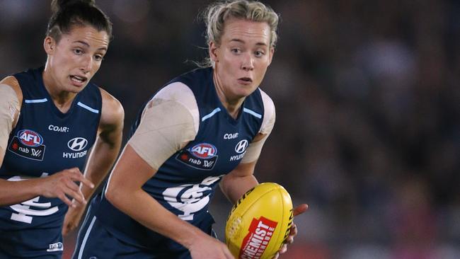 Lauren Arnell isn’t giving up hope about leading Carlton into the AFLW Grand Final. Picture: Wayne Ludbey