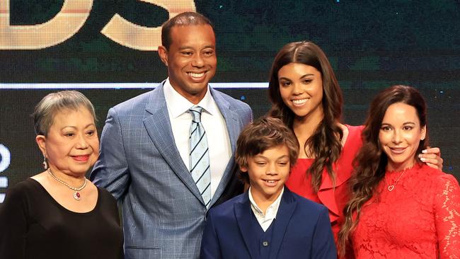 Tiger Woods, mother Kultida Woods (left), children Sam Alexis Woods and Charlie Axel Woods and Erica Herman last year. Picture: AFP