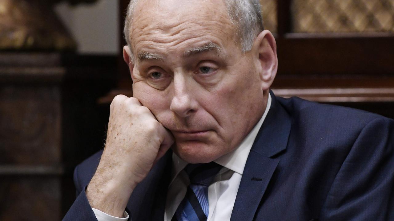 Gen Kelly, Mr Trump’s chief of staff at the time, listening to his boss speak during a meeting with governors at the White House in 2018. Those meetings do tend to be quite dull, to be fair. Picture: Olivier Douliery/AFP