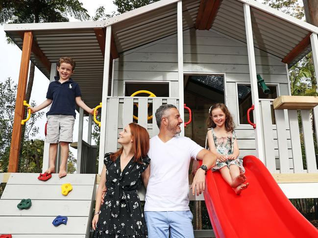 Dene and Alex Gambotto bought a new cubby house for their kids Mia, 7, and Luca, 5. Picture: Tim Hunter