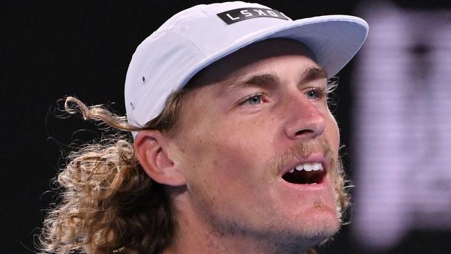 MELBOURNE, AUSTRALIA - JANUARY 18: Max Purcell of Australia reacts in their round two singles match against Casper Ruud of Norway during the 2024 Australian Open at Melbourne Park on January 18, 2024 in Melbourne, Australia. (Photo by Morgan Hancock/Getty Images)