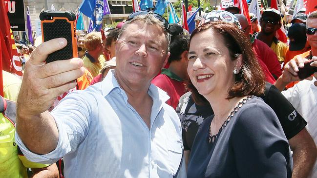 Hanna with Annastacia Palaszczuk at a union rally in 2015. Picture: Glenn Barnes