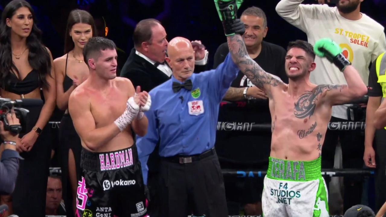 Michael Zerafa celebrates his win over Issac Hardman at Melbourne Convention Centre