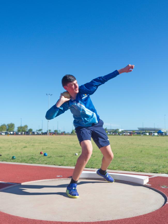 James Galea pumps out a big push for his Shot Put event. Mackay Athletics Summer Series. November 20th, 2021. Picture: Marty Strecker