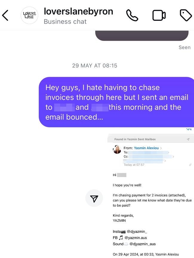 Yasmin attempted to chase her outstanding invoices via Instagram Business Chat after her emails to the venue started bouncing back. Image: Supplied.