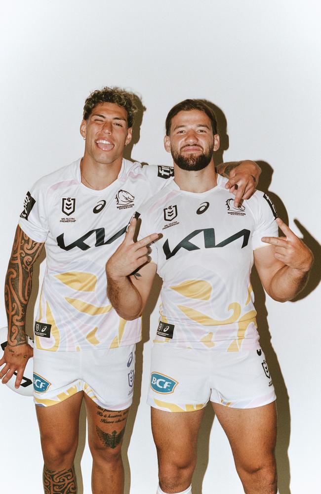 Jordan Riki and Pat Carrigan in the 2025 Sabo x Broncos jersey.