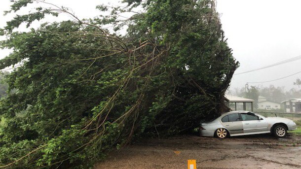 Damage at Lockhart River from Tropical Cyclone Trevor, which is blasting the region with gusts of around 117km/h. Picture: Supplied.