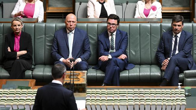 Deputy Liberal Party leader Susan Ley, Opposition Leader Peter Dutton, Nationals leader David Littleproud and shadow Treasurer Angus Taylor. Picture: AAP