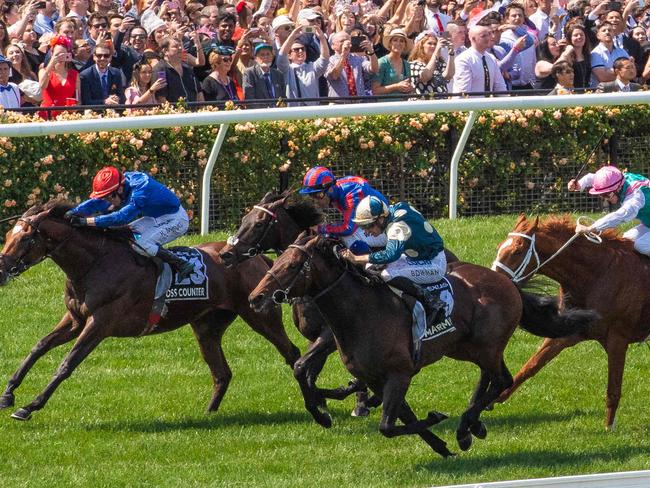 23 Cross Counter ridden by Kerrin McEvoy wins the 2018 Melbourne Cup. With 9 Marmelo coming second and 17 A prince Of Arran third.Picture: Jason Edwards