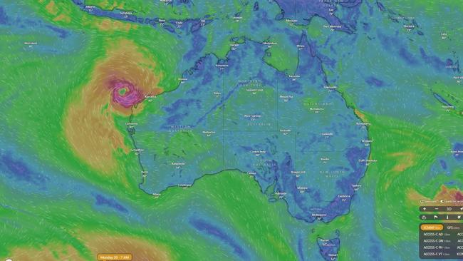 A tropical cyclone is threatening to hit Western Australia, bringing wild weather, heavy rain and battering winds along with it. Picture: Windy