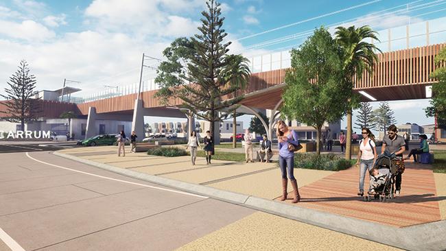 Artist impression of the Carrum Railway Station after level crossing removal. Supplied Level Crossing Removal Authority