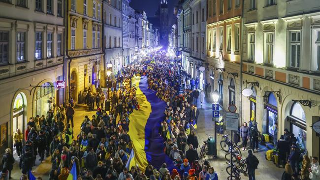 A march for victory in Krakow, Poland, in February, to mark the anniversary of Russia’s invasion. Picture: NurPhoto via Getty Images