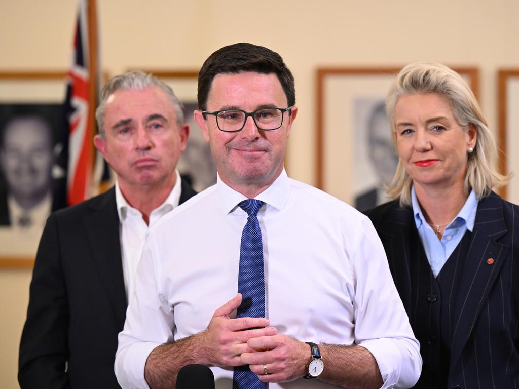 Not having it: Nationals leader David Littleproud, centre, Nationals deputy leader Kevin Hogan and Nationals Senate leader Bridget McKenzie fronted a press conference at Parliament House in Canberra on May 20. Picture: AAP Image/Lukas Coch