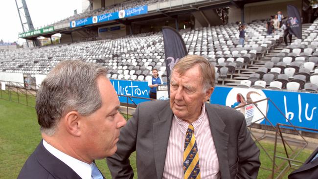 In 2008, then NSW Premier Morris Iemma and John Singleton at Bluetongue Stadium, Gosford on Central Coast.